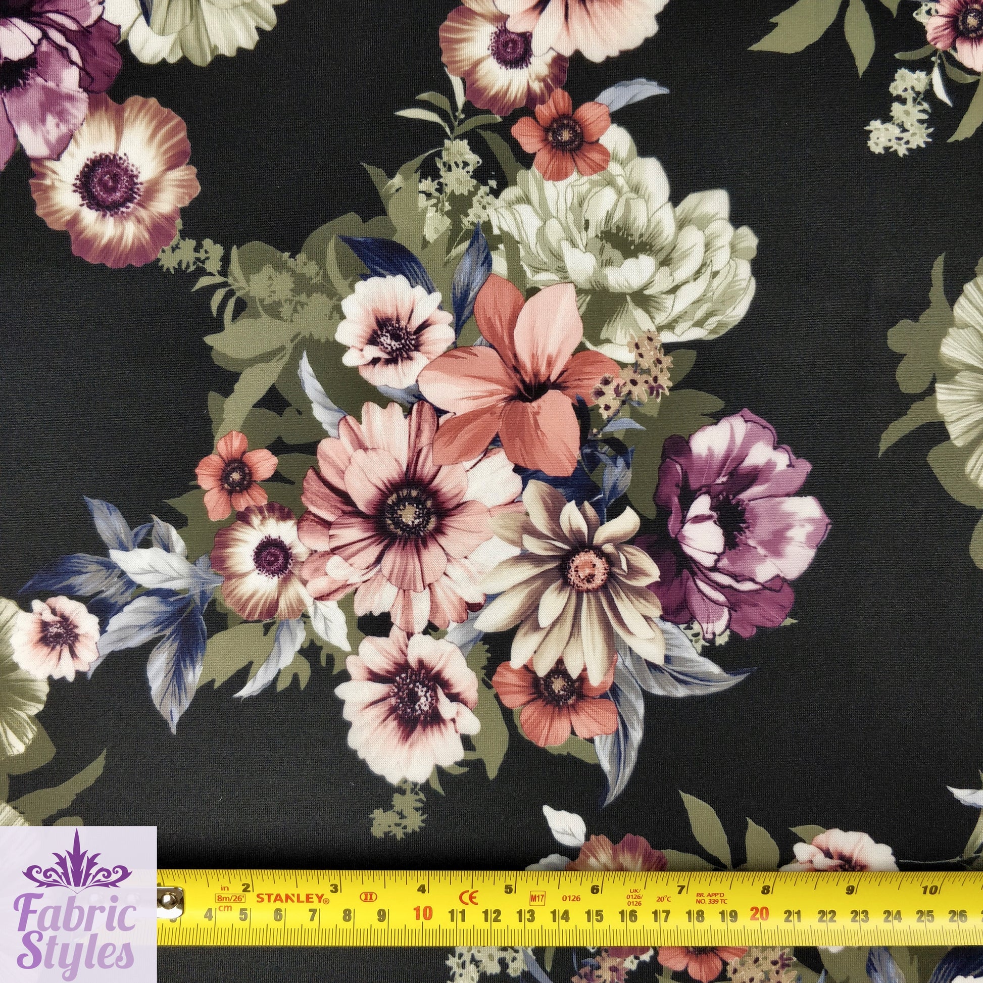 FS100_1 Floral Print Valentino Stretch Knit Fabric Black | Fabric | black, Fabric, Floral, Flower, jersey, limited, sale, Valentino crepe | Fabric Styles