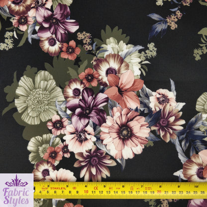 FS100_1 Floral Print Valentino Stretch Knit Fabric Black | Fabric | black, Fabric, Floral, Flower, jersey, limited, sale, Valentino crepe | Fabric Styles