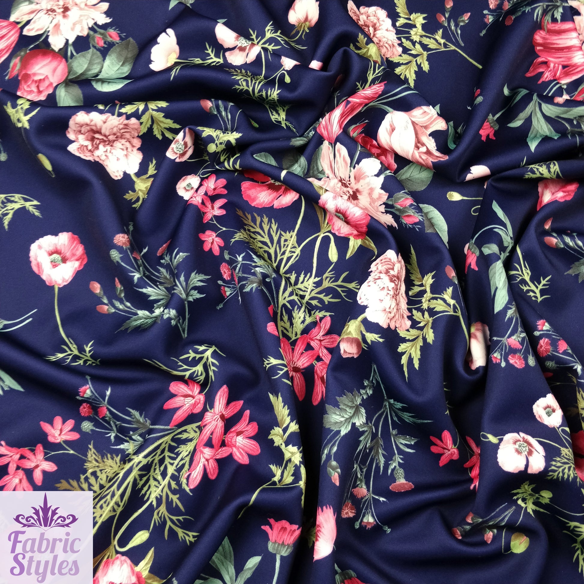 FS101 Floral Scuba Stretch Knit Fabric Navy & Mink | Fabric | drape, Fabric, fashion fabric, Floral, jersey, making, Mink, Navy, Scuba, sewing, Stretchy | Fabric Styles