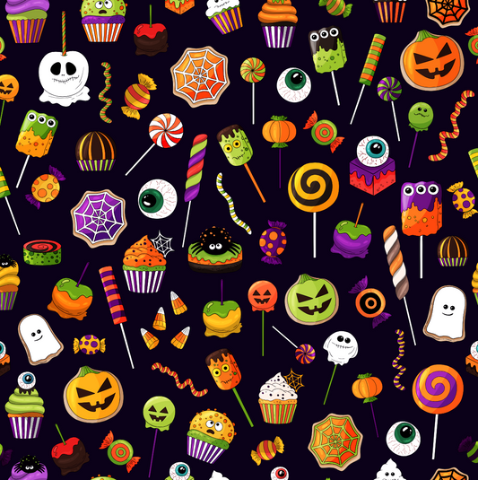 FS1065 Halloween Spooky Treats Scuba Stretch Knit Fabric Black