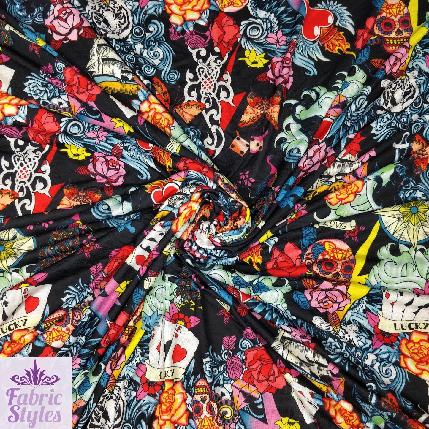 FS117 Floral Tattoo Vintage Cards Spun Polyester Jersey Knit Stretch Fabric Black | Fabric | Ace, Cards, drape, Fabric, fashion fabric, Floral, Hearts, Love, making, Pink, sewing, spun polyester, Spun Polyester Elastane, Valentine, Valentines, Vintage | Fabric Styles