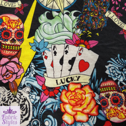 FS117 Floral Tattoo Vintage Cards Spun Polyester Jersey Knit Stretch Fabric Black | Fabric | Ace, Cards, drape, Fabric, fashion fabric, Floral, Hearts, Love, making, Pink, sewing, spun polyester, Spun Polyester Elastane, Valentine, Valentines, Vintage | Fabric Styles