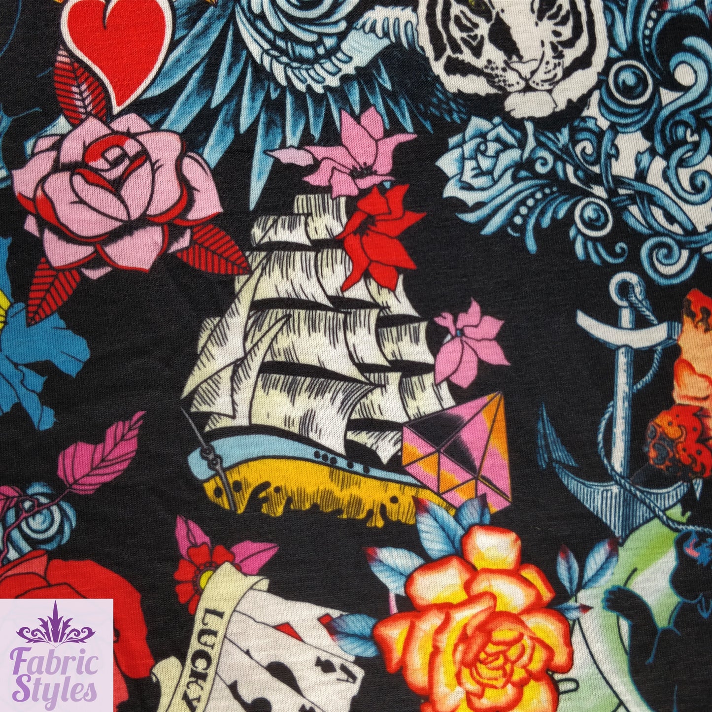 FS117 Floral Tattoo Vintage Cards Spun Polyester Jersey Knit Stretch Fabric Black | Fabric | Ace, Cards, drape, Fabric, fashion fabric, Floral, Hearts, Love, making, Pink, sewing, spun polyester, Spun Polyester Elastane, Valentine, Valentines, Vintage | Fabric Styles