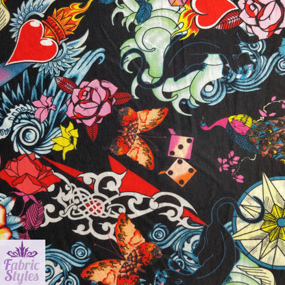 FS117 Floral Tattoo Vintage Cards Spun Polyester Jersey Knit Stretch Fabric Black | Fabric | Ace, Cards, drape, Fabric, fashion fabric, Floral, Hearts, Love, making, Pink, sewing, spun polyester, Spun Polyester Elastane, Valentine, Valentines, Vintage | Fabric Styles