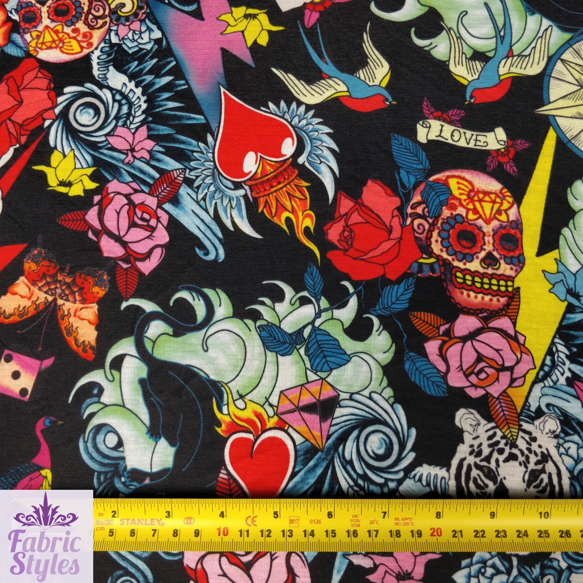 FS117 Floral Tattoo Vintage Cards Spun Polyester Jersey Knit Stretch Fabric Black | Fabric | Ace, Cards, drape, Fabric, fashion fabric, Floral, Hearts, Love, making, Pink, sewing, spun polyester, Spun Polyester Elastane, Valentine, Valentines, Vintage | Fabric Styles