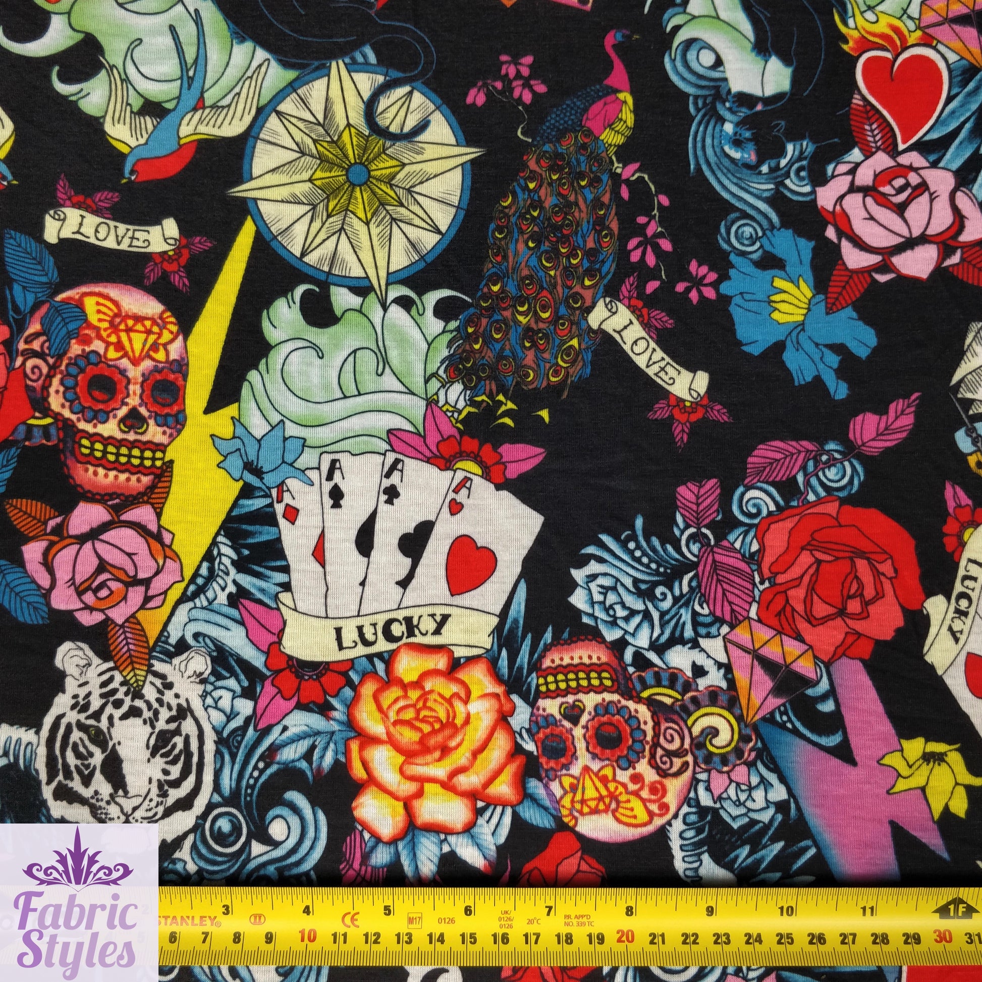 FS117 Floral Tattoo Vintage Cards Spun Polyester Jersey Knit Stretch Fabric Black | Fabric | Ace, Cards, drape, Fabric, fashion fabric, Floral, Hearts, Love, making, Pink, sewing, spun polyester, Spun Polyester Elastane, Valentine, Valentines, Vintage | Fabric Styles