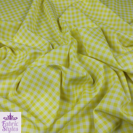 FS130_4 Yellow Gingham Print Scuba Stretch Fabric Yellow | Fabric | checks, Discounted, drape, Fabric, fashion fabric, Gingham, jersey, making, Scuba, sewing, Tartan, Yellow | Fabric Styles