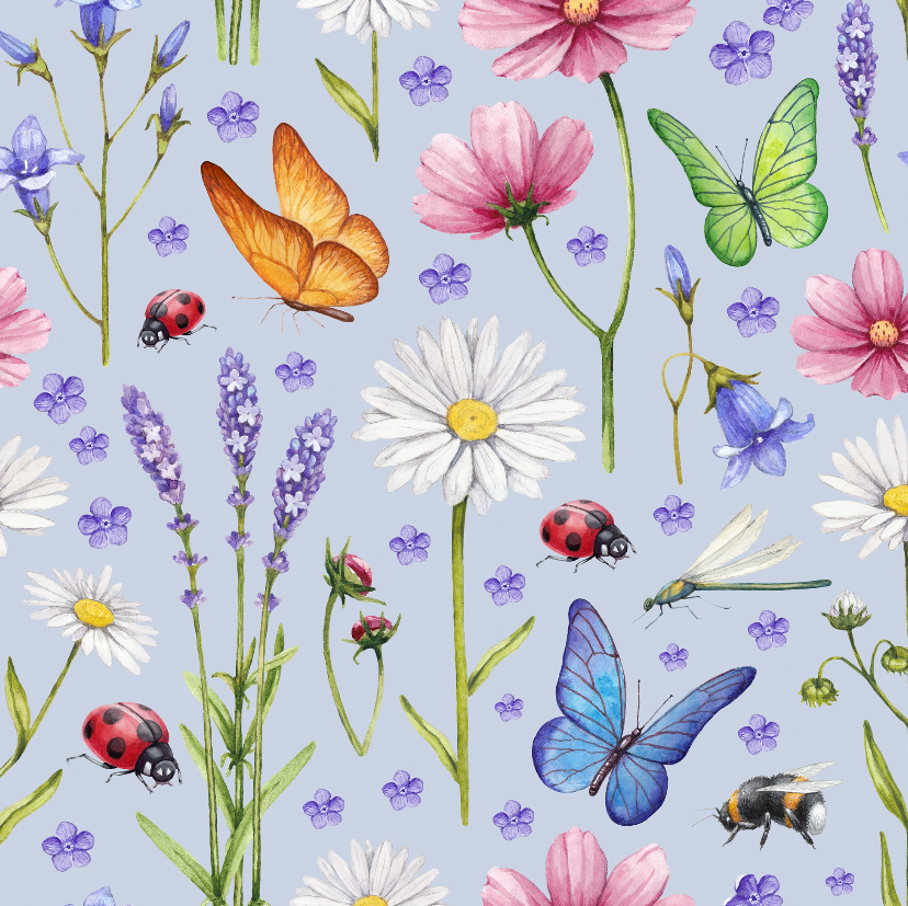 FS998 Wild Flowers | Fabric | bugs, butterfly, daisy, fabric, ladybird, lavendar, scuba, spring, summer | Fabric Styles