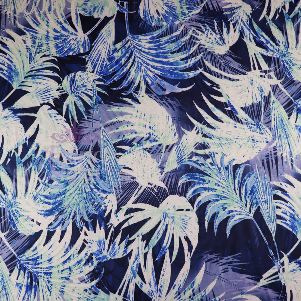 FS033 Blue Tropical Floral Print Spun Polyester Stretch Fabric | Fabric | Blue, Blue Palm, Digital, Dress Fabric, Fabric, Fabrics, fashion, Floral, Flower, Jungle, Light Blue, New, Palm, Printed Fabric, Spun Polyester, Spun Polyester Elastane, stretch, stretchy, Summer, Tropical, Tropical Season | Fabric Styles