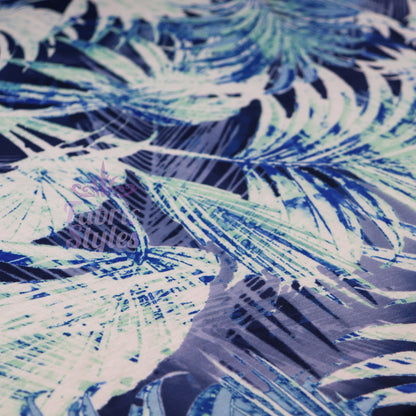 FS033 Blue Tropical Floral Print Spun Polyester Stretch Fabric | Fabric | Blue, Blue Palm, Digital, Dress Fabric, Fabric, Fabrics, fashion, Floral, Flower, Jungle, Light Blue, New, Palm, Printed Fabric, Spun Polyester, Spun Polyester Elastane, stretch, stretchy, Summer, Tropical, Tropical Season | Fabric Styles