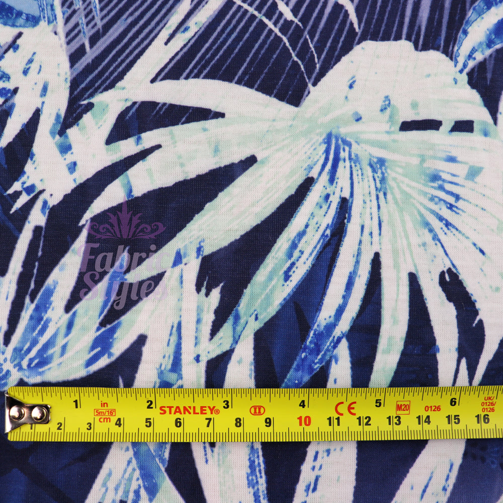 FS033 Blue Tropical Floral Print Spun Polyester Stretch Fabric | Fabric | Blue, Blue Palm, Digital, Dress Fabric, Fabric, Fabrics, fashion, Floral, Flower, Jungle, Light Blue, New, Palm, Printed Fabric, Spun Polyester, Spun Polyester Elastane, stretch, stretchy, Summer, Tropical, Tropical Season | Fabric Styles