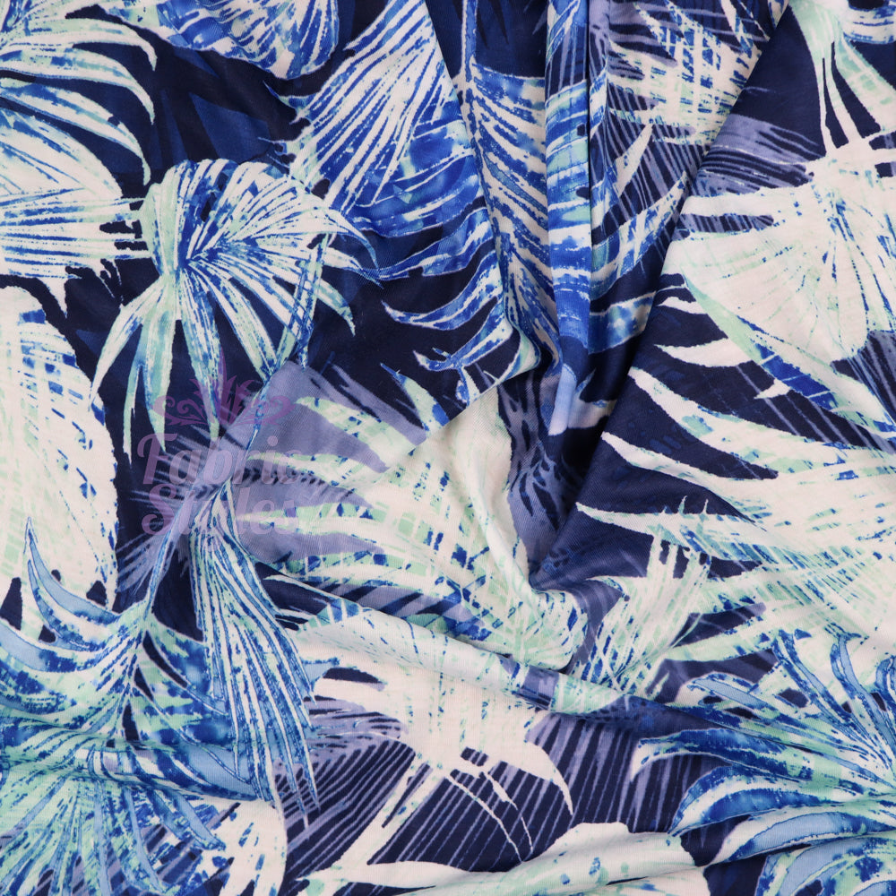 FS033 Blue Tropical Floral Print Spun Polyester Stretch Fabric | Fabric | Blue, Blue Palm, Digital, Dress Fabric, Fabric, Fabrics, fashion, Floral, Flower, Jungle, Light Blue, New, Palm, Printed Fabric, Spun Polyester, Spun Polyester Elastane, stretch, stretchy, Summer, Tropical, Tropical Season | Fabric Styles