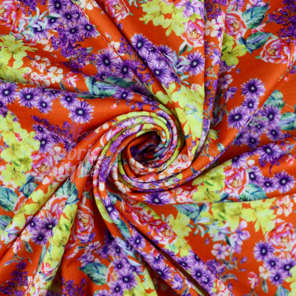 FS917 Orange Floral Stretch Knit Fabric | Fabric | drape, elastane, Fabric, fashion fabric, Floral, Flower, jersey, Knit, Knitwear, Loungewear, making, orange, Polyester, Sale, sewing, Skirt, Stretchy | Fabric Styles