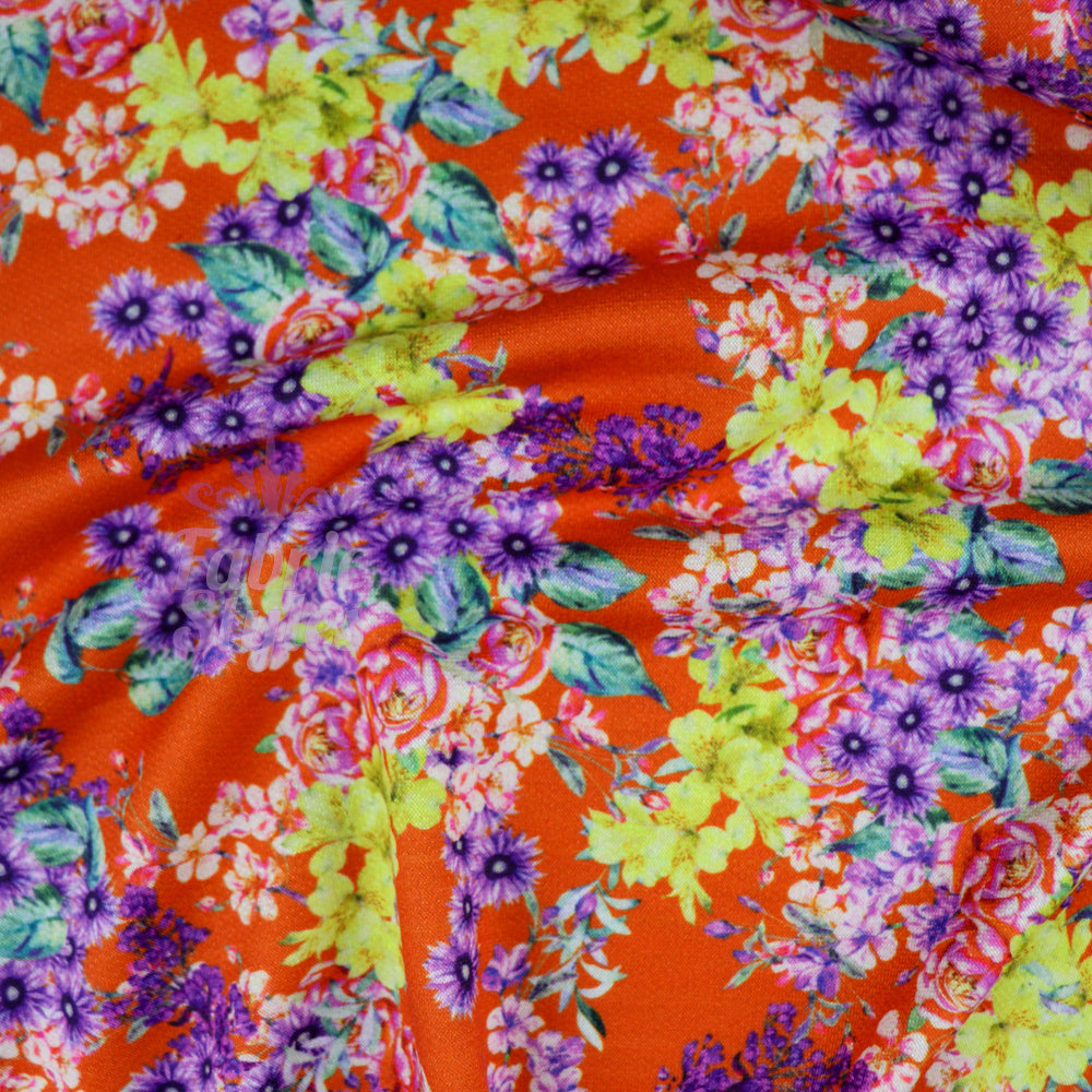 FS917 Orange Floral Stretch Knit Fabric | Fabric | drape, elastane, Fabric, fashion fabric, Floral, Flower, jersey, Knit, Knitwear, Loungewear, making, orange, Polyester, Sale, sewing, Skirt, Stretchy | Fabric Styles