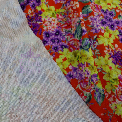 FS917 Orange Floral Stretch Knit Fabric | Fabric | drape, elastane, Fabric, fashion fabric, Floral, Flower, jersey, Knit, Knitwear, Loungewear, making, orange, Polyester, Sale, sewing, Skirt, Stretchy | Fabric Styles