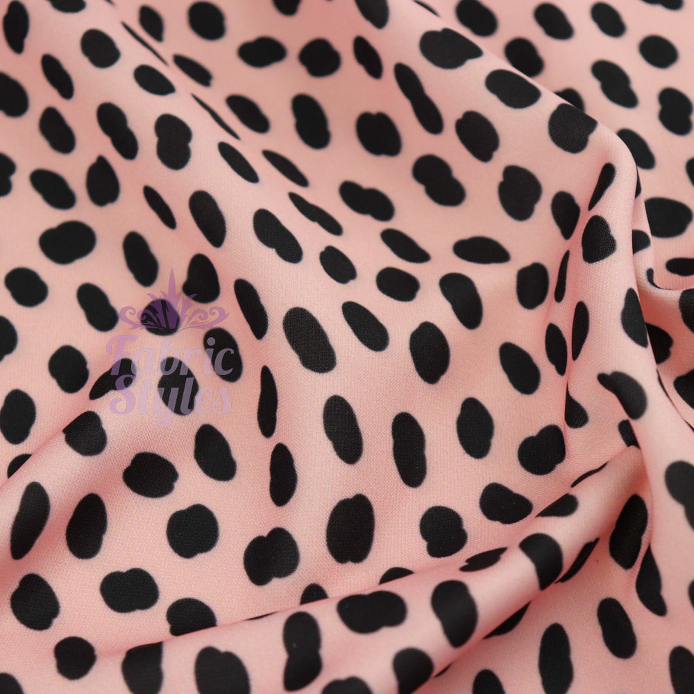 FS795 Pink Dalmatian Scuba | Fabric | Animal, Dalmatian, drape, Fabric, fashion fabric, pink, polka, Scuba, sewing, spot, spots, Stretchy | Fabric Styles