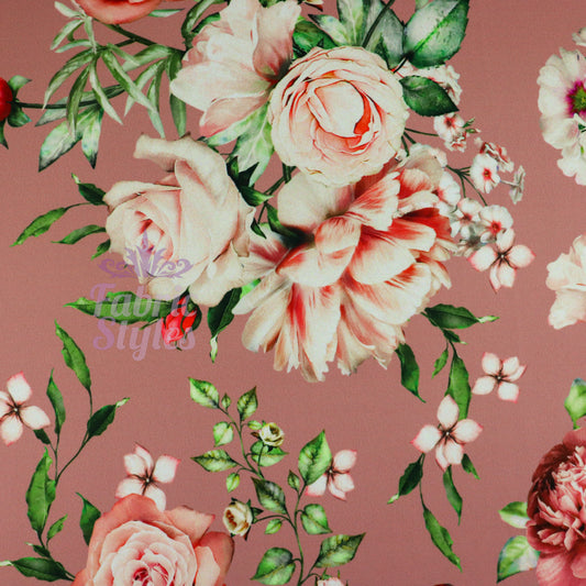 FS964 Dusty Pink Rosella Floral | Fabric | Fabric, fashion fabric, Floral, jersey, New, rose, scuba, Scuba Crepe, sewing, stretch | Fabric Styles