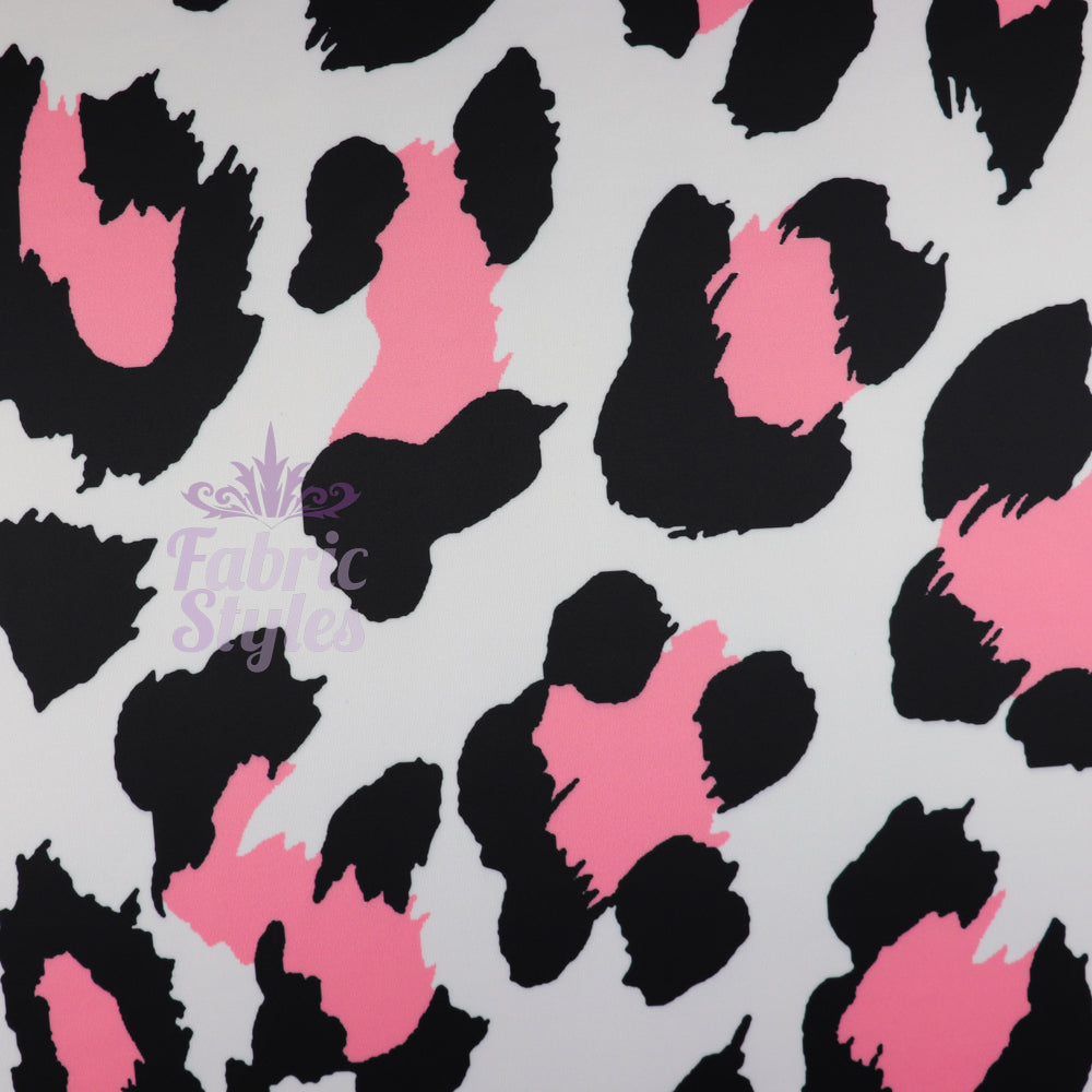 FS578 Raw Pink Leopard | Fabric | Animal, drape, elastane, Fabric, fashion fabric, jersey, Leopard, making, Pink, Polyester, scuba, sewing, Skirt, Stretchy, White | Fabric Styles