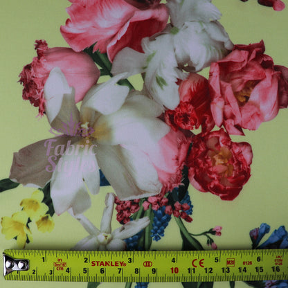 FS095 Floral Bouquet Stretch Knit Fabric White Pink Yellow | Fabric | drape, Fabric, fashion fabric, Floral, Flower, Flowers, Ivory, making, Pink, Rose, Scuba, sewing, Stretchy, White, Yellow | Fabric Styles