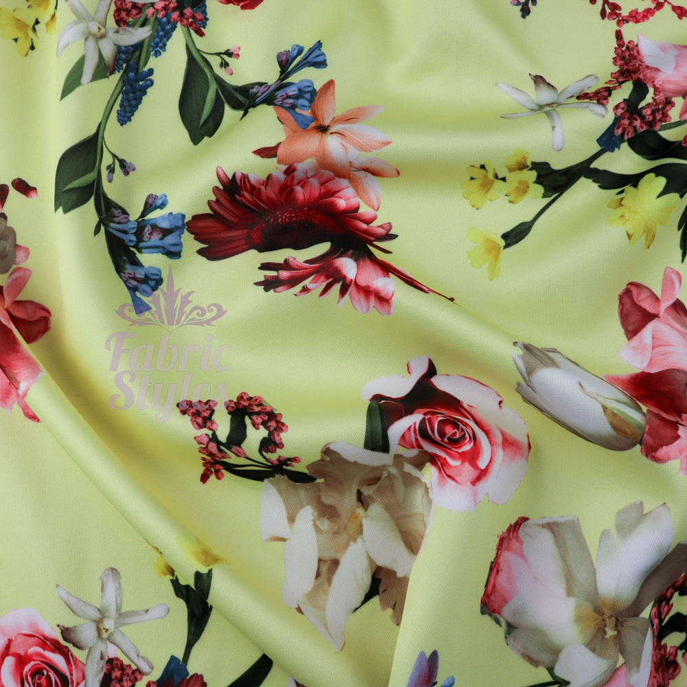 FS095 Floral Bouquet Stretch Knit Fabric White Pink Yellow | Fabric | drape, Fabric, fashion fabric, Floral, Flower, Flowers, Ivory, making, Pink, Rose, Scuba, sewing, Stretchy, White, Yellow | Fabric Styles