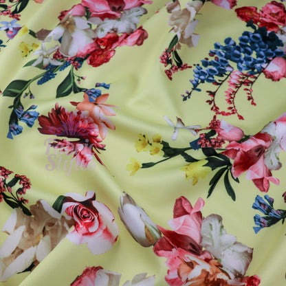 FS095 Floral Bouquet Stretch Knit Fabric White Pink Yellow | Fabric | drape, Fabric, fashion fabric, Floral, Flower, Flowers, Ivory, making, Pink, Rose, Scuba, sewing, Stretchy, White, Yellow | Fabric Styles