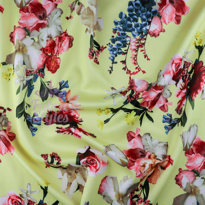 FS095 Floral Bouquet Stretch Knit Fabric White Pink Yellow | Fabric | drape, Fabric, fashion fabric, Floral, Flower, Flowers, Ivory, making, Pink, Rose, Scuba, sewing, Stretchy, White, Yellow | Fabric Styles