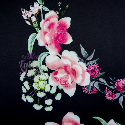 FS952 Rosa Floral | Fabric | Black, Fabric, fashion fabric, Floral, jersey, Purple, Sale, scuba, sewing, stretch, White | Fabric Styles