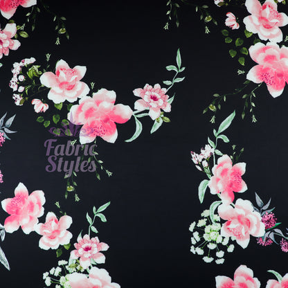 FS952 Rosa Floral | Fabric | Black, Fabric, fashion fabric, Floral, jersey, Purple, Sale, scuba, sewing, stretch, White | Fabric Styles