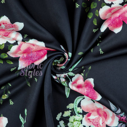 FS952 Rosa Floral | Fabric | Black, Fabric, fashion fabric, Floral, jersey, Purple, Sale, scuba, sewing, stretch, White | Fabric Styles