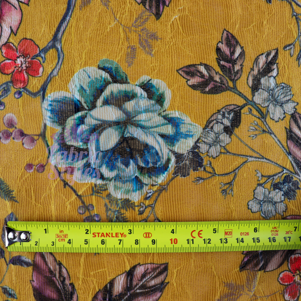 FS991 Mustard Floral Crinkle Mesh | Fabric | drape, Fabric, fashion fabric, Floral, Flower, jersey, limited, making, Power Mesh, Powermesh, Sale, sewing, stretch, Stretchy, white | Fabric Styles