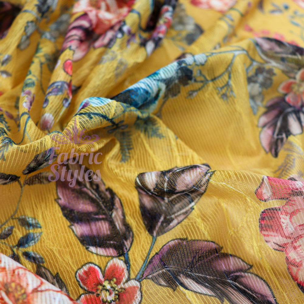 FS991 Mustard Floral Crinkle Mesh – Fabric Styles