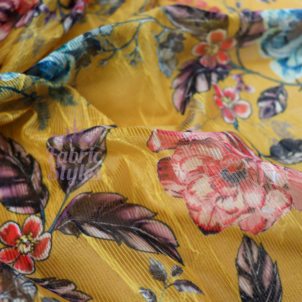 FS991 Mustard Floral Crinkle Mesh | Fabric | drape, Fabric, fashion fabric, Floral, Flower, jersey, limited, making, Power Mesh, Powermesh, Sale, sewing, stretch, Stretchy, white | Fabric Styles