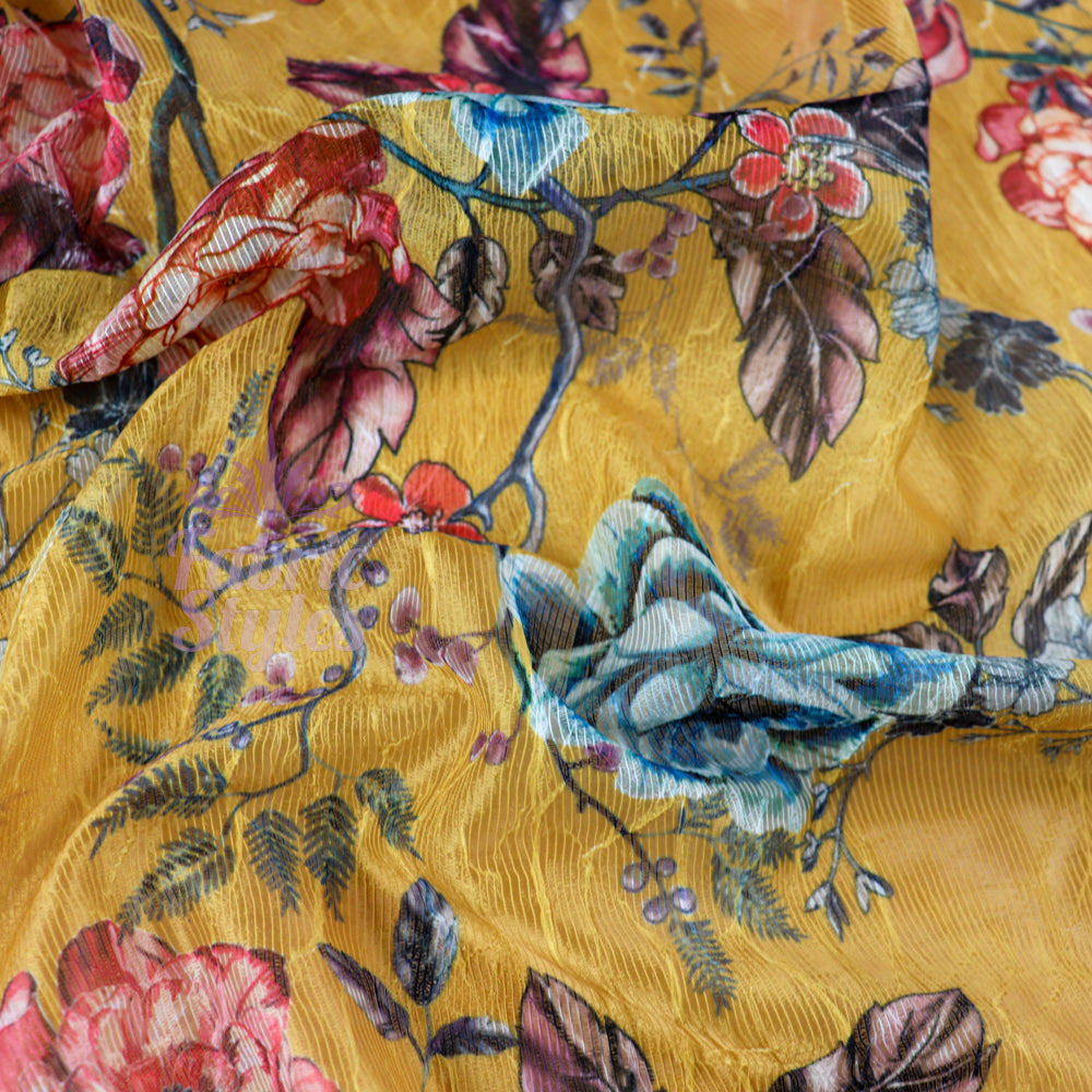 FS991 Mustard Floral Crinkle Mesh | Fabric | drape, Fabric, fashion fabric, Floral, Flower, jersey, limited, making, Power Mesh, Powermesh, Sale, sewing, stretch, Stretchy, white | Fabric Styles