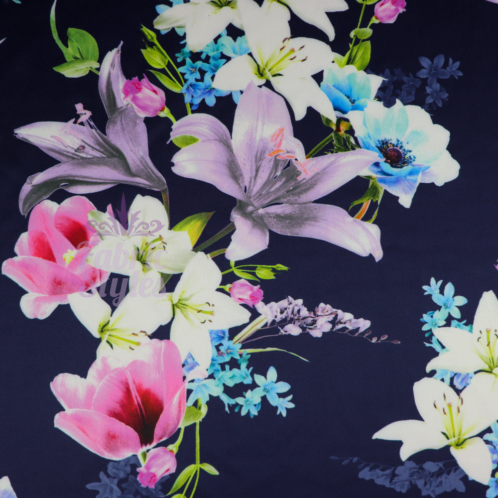 FS577 Tulie Floral | Fabric | drape, elastane, Fabric, fashion fabric, Floral, Flower, Flowers, jersey, making, Pink, Polyester, purple, Scuba, sewing, Stretchy, Watercolor, Watercolour | Fabric Styles