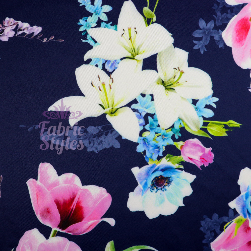 FS577 Tulie Floral | Fabric | drape, elastane, Fabric, fashion fabric, Floral, Flower, Flowers, jersey, making, Pink, Polyester, purple, Scuba, sewing, Stretchy, Watercolor, Watercolour | Fabric Styles