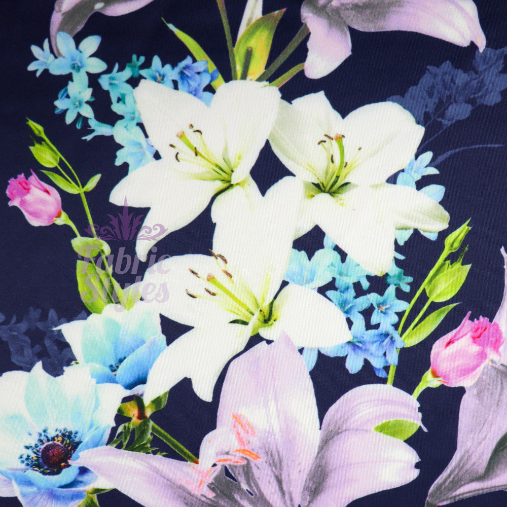 FS577 Tulie Floral | Fabric | drape, elastane, Fabric, fashion fabric, Floral, Flower, Flowers, jersey, making, Pink, Polyester, purple, Scuba, sewing, Stretchy, Watercolor, Watercolour | Fabric Styles