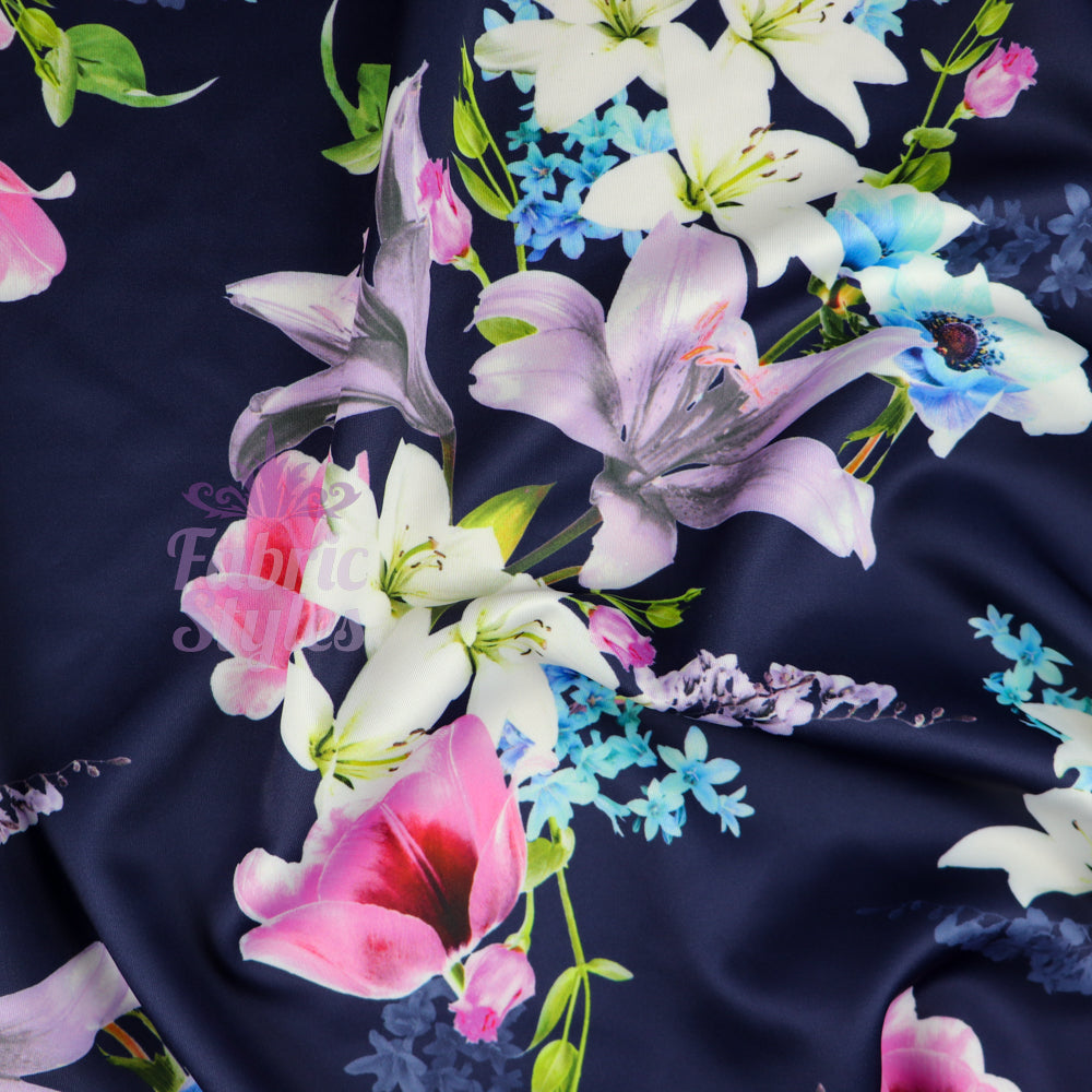 FS577 Tulie Floral | Fabric | drape, elastane, Fabric, fashion fabric, Floral, Flower, Flowers, jersey, making, Pink, Polyester, purple, Scuba, sewing, Stretchy, Watercolor, Watercolour | Fabric Styles