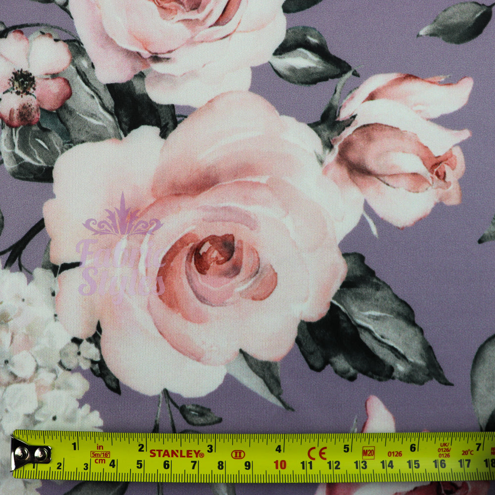 FS426_3 Lavender Floral | Fabric | drape, Fabric, fashion fabric, Floral, Flower, FS426, lavender, lilac, purple, Scuba, sewing, Stretchy, Swim, Swimwear | Fabric Styles