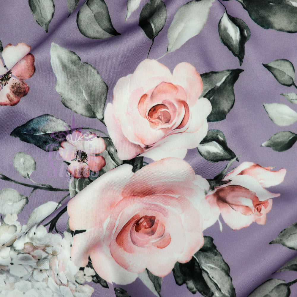 FS426_3 Lavender Floral | Fabric | drape, Fabric, fashion fabric, Floral, Flower, FS426, lavender, lilac, purple, Scuba, sewing, Stretchy, Swim, Swimwear | Fabric Styles