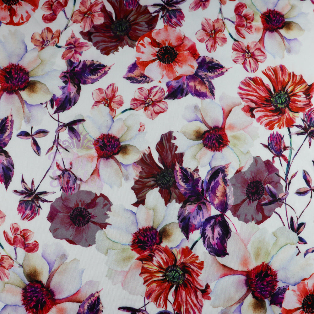 FS576 Meraki Bloom | Fabric | drape, elastane, Fabric, fashion fabric, Floral, Flower, Flowers, FS574, FS576, Ivory, jersey, making, Pink, Polyester, Purple, Scuba, sewing, Stretchy, Watercolor, Watercolour | Fabric Styles