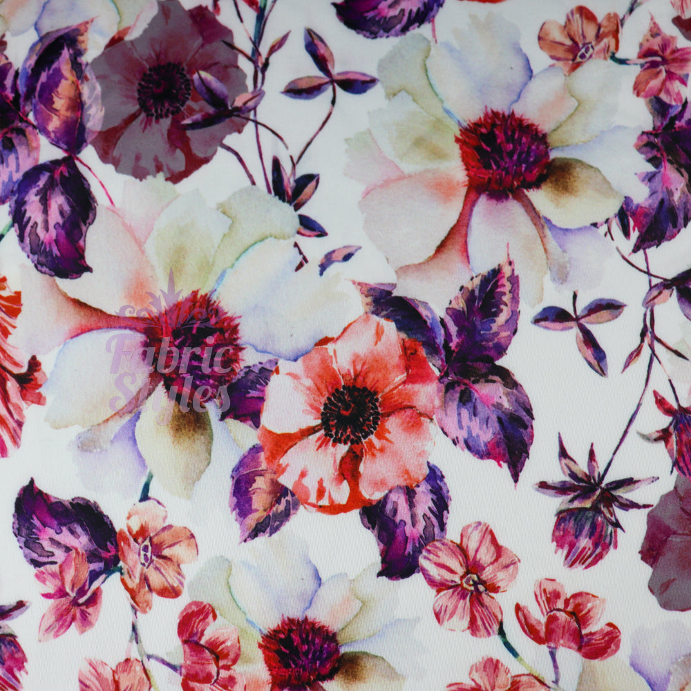 FS576 Meraki Bloom | Fabric | drape, elastane, Fabric, fashion fabric, Floral, Flower, Flowers, FS574, FS576, Ivory, jersey, making, Pink, Polyester, Purple, Scuba, sewing, Stretchy, Watercolor, Watercolour | Fabric Styles