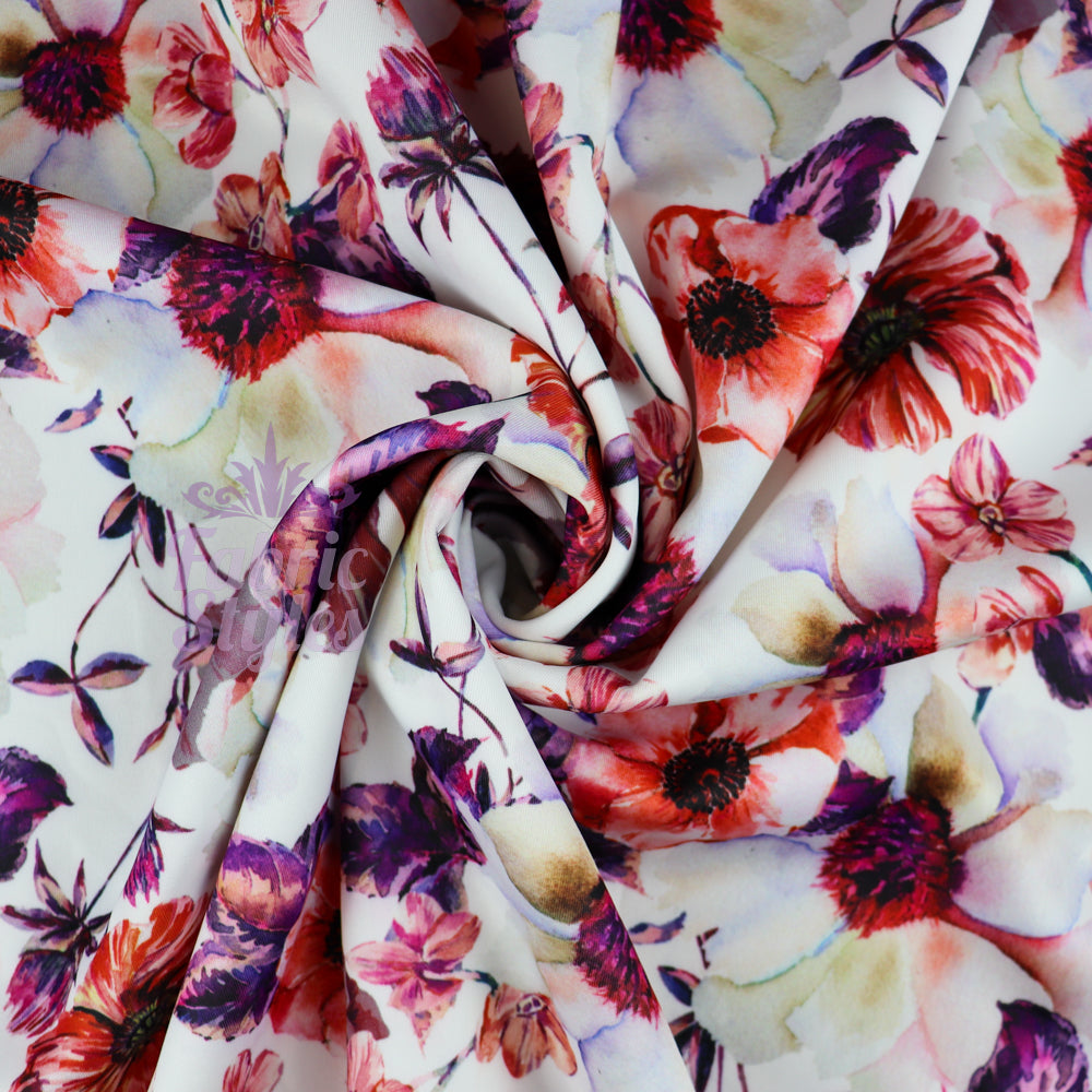 FS576 Meraki Bloom | Fabric | drape, elastane, Fabric, fashion fabric, Floral, Flower, Flowers, FS574, FS576, Ivory, jersey, making, Pink, Polyester, Purple, Scuba, sewing, Stretchy, Watercolor, Watercolour | Fabric Styles