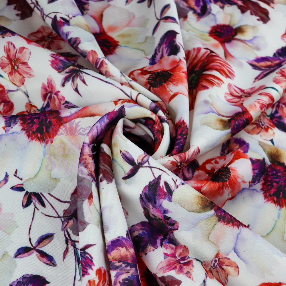 FS576 Meraki Bloom | Fabric | drape, elastane, Fabric, fashion fabric, Floral, Flower, Flowers, FS574, FS576, Ivory, jersey, making, Pink, Polyester, Purple, Scuba, sewing, Stretchy, Watercolor, Watercolour | Fabric Styles