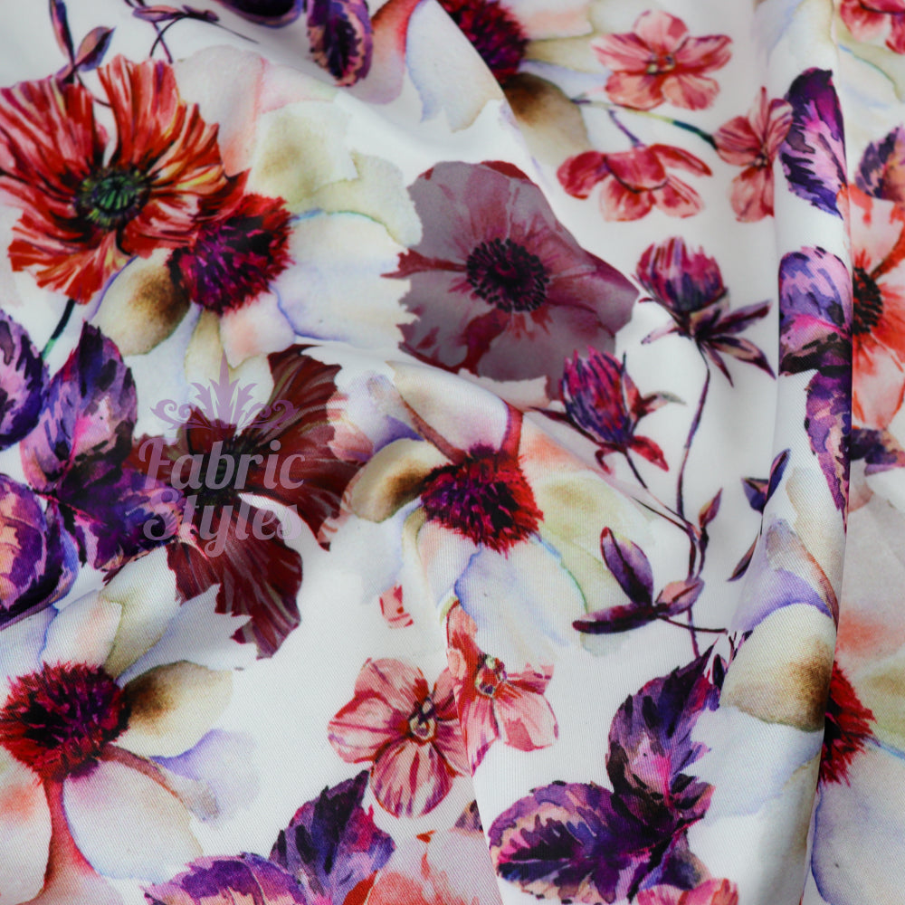 FS576 Meraki Bloom | Fabric | drape, elastane, Fabric, fashion fabric, Floral, Flower, Flowers, FS574, FS576, Ivory, jersey, making, Pink, Polyester, Purple, Scuba, sewing, Stretchy, Watercolor, Watercolour | Fabric Styles