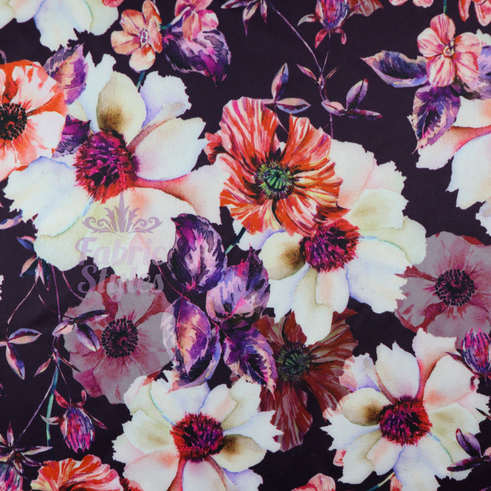 FS576 Meraki Bloom | Fabric | drape, elastane, Fabric, fashion fabric, Floral, Flower, Flowers, FS574, FS576, Ivory, jersey, making, Pink, Polyester, Purple, Scuba, sewing, Stretchy, Watercolor, Watercolour | Fabric Styles