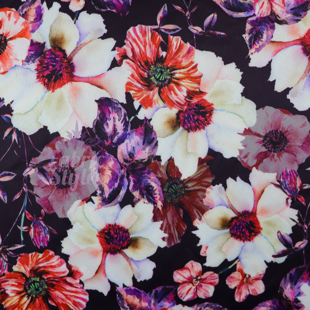 FS576 Meraki Bloom | Fabric | drape, elastane, Fabric, fashion fabric, Floral, Flower, Flowers, FS574, FS576, Ivory, jersey, making, Pink, Polyester, Purple, Scuba, sewing, Stretchy, Watercolor, Watercolour | Fabric Styles