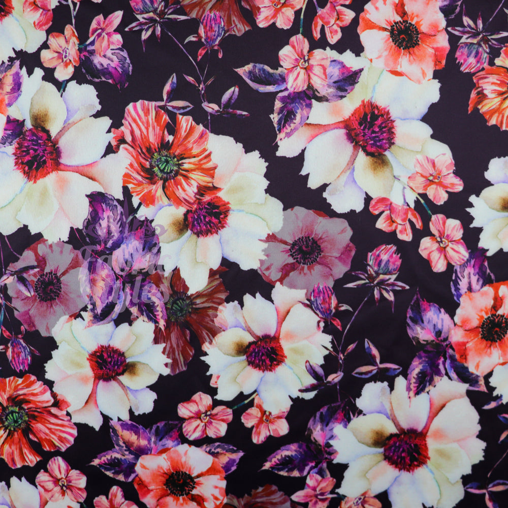 FS576 Meraki Bloom | Fabric | drape, elastane, Fabric, fashion fabric, Floral, Flower, Flowers, FS574, FS576, Ivory, jersey, making, Pink, Polyester, Purple, Scuba, sewing, Stretchy, Watercolor, Watercolour | Fabric Styles