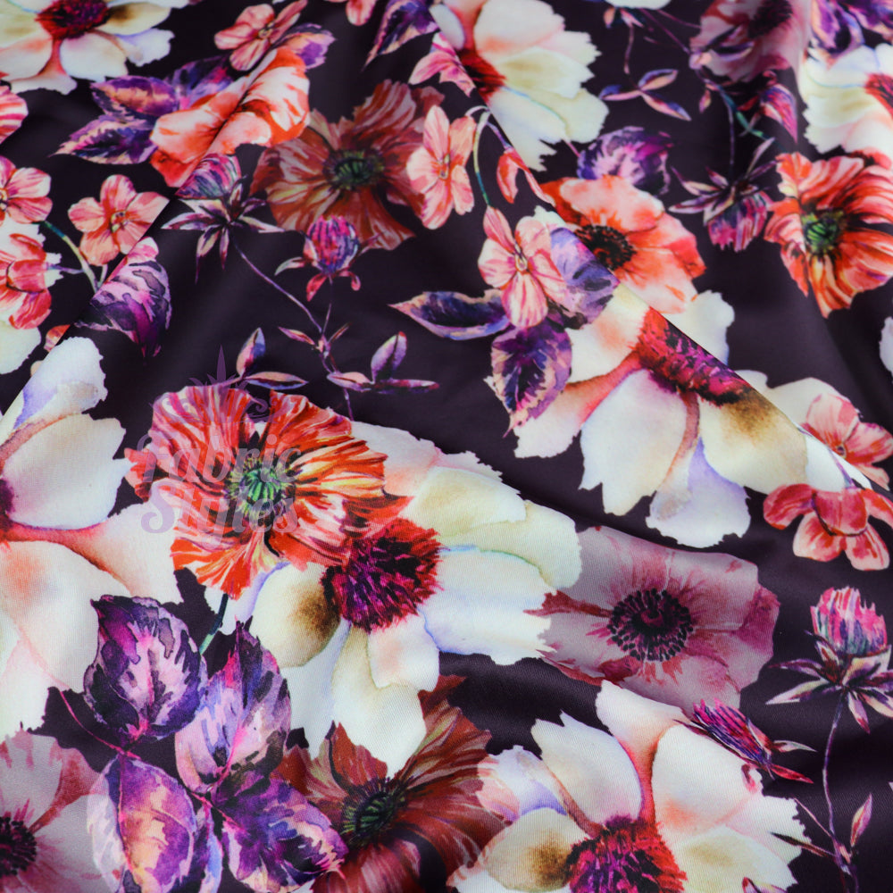 FS576 Meraki Bloom | Fabric | drape, elastane, Fabric, fashion fabric, Floral, Flower, Flowers, FS574, FS576, Ivory, jersey, making, Pink, Polyester, Purple, Scuba, sewing, Stretchy, Watercolor, Watercolour | Fabric Styles