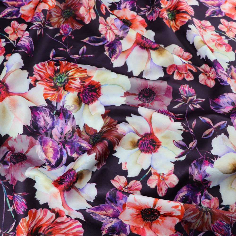 FS576 Meraki Bloom | Fabric | drape, elastane, Fabric, fashion fabric, Floral, Flower, Flowers, FS574, FS576, Ivory, jersey, making, Pink, Polyester, Purple, Scuba, sewing, Stretchy, Watercolor, Watercolour | Fabric Styles