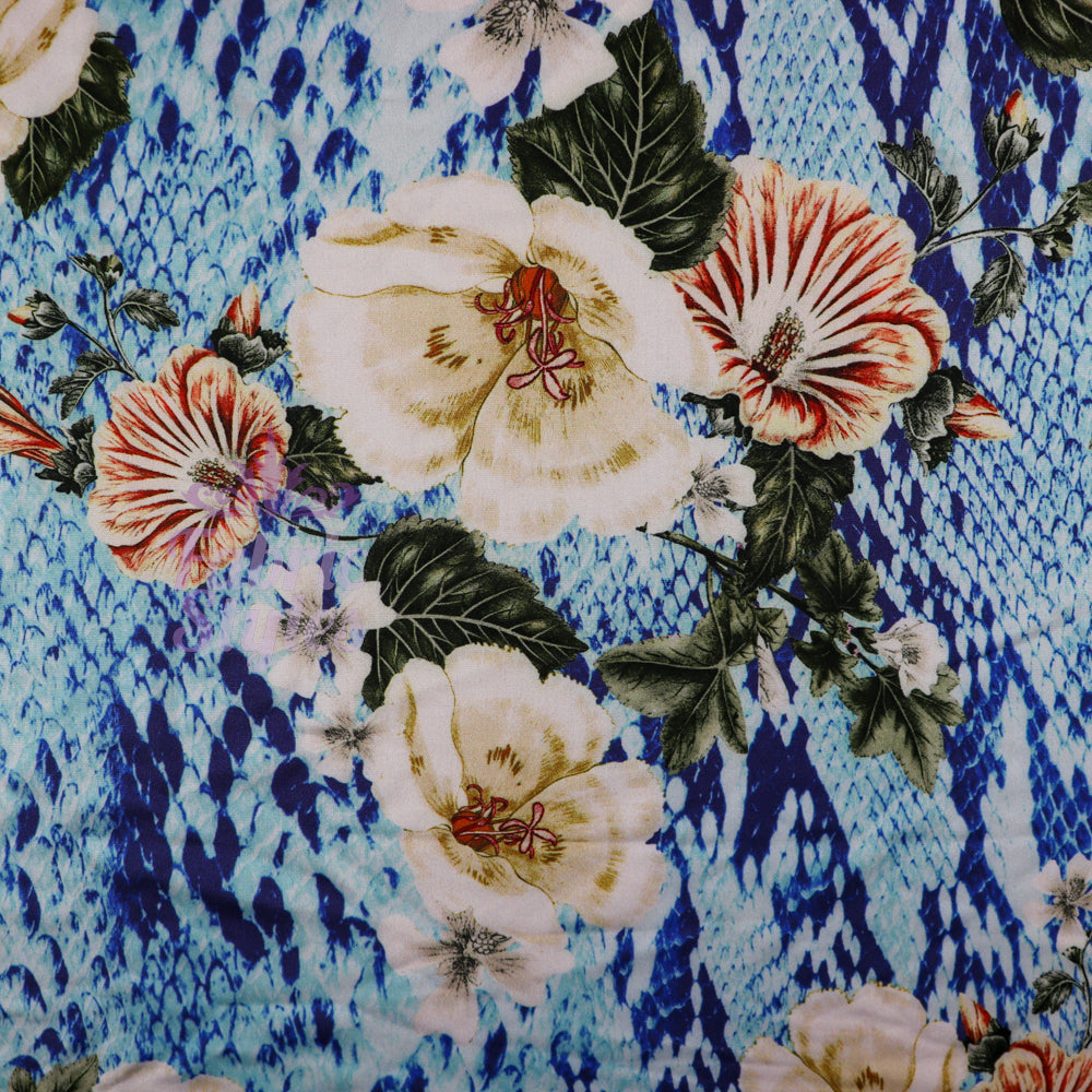 FS690 Snake Floral | Fabric | Activewear, Animal, Blue, Cobra, drape, Fabric, fashion, fashion fabric, Floral, Flower, flowers, Neon, pink, polyester, sale, Skin, Snake, Snake Skin, Snakeskin, spandex, sportswear, stretch, Stretchy, Swim, Swimming, Swimwear | Fabric Styles